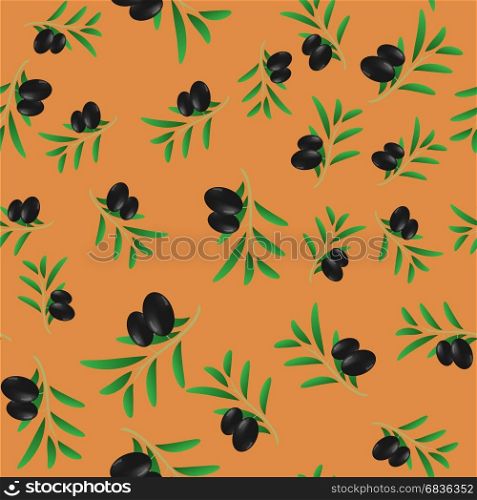 Black Olives Isolated on Orange Background. Seamless Pattern. Black Olives Seamless Pattern