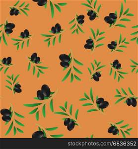 Black Olives Isolated on Orange Background. Seamless Pattern. Black Olives Seamless Pattern