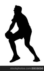 Black on white silhouette of korfball men’s league player  looking to offload ball