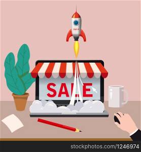Black open laptop with screen buy. Concept online shopping, star rocket, hand with mouse. Black open laptop with screen buy. Concept online shopping, star rocket, hand with mouse, online store, vector, ilustration, isolated