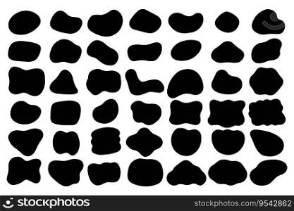 Black organic abstract shapes. Seamless print of rough irregular blob splotch circles and waves. Vector modern amorphous geometric elements. Asymmetric stains of various shapes silhouette. Black organic abstract shapes. Seamless print of rough irregular blob splotch circles and waves. Vector modern amorphous geometric elements