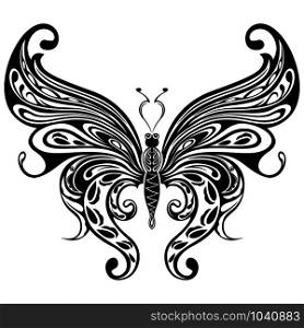 Black ornamental stencils of beautiful floral butterfly isolated on the white background, hand drawing vector illustration