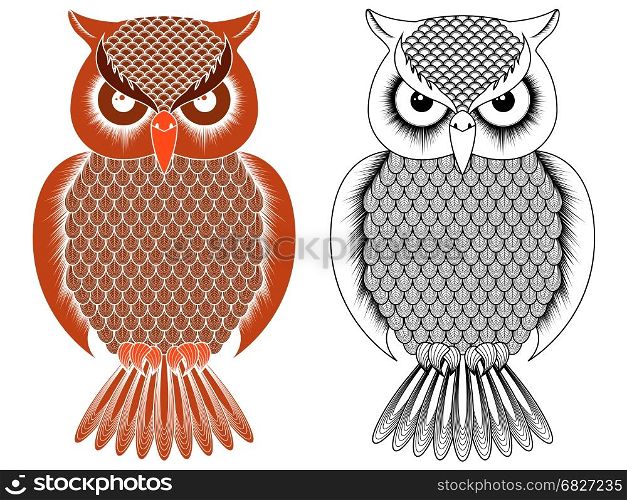 Black outline and orange owl stencil with round eyes isolated on the white background, vector illustration