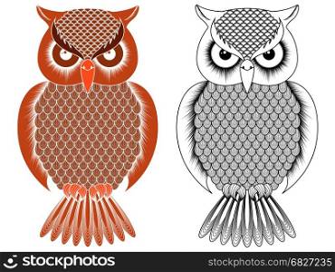 Black outline and orange owl stencil with round eyes isolated on the white background, vector illustration