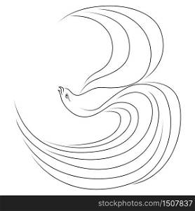 Black outline of abstract flying bird whose wings and tail are made as long wavy lines isolated on the white background
