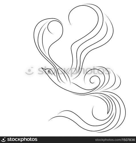 Black outline of abstract magic flying bird whose wings and tail are made as long wavy lines isolated on the white background