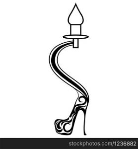 Black outline of decorative candlestick in women&rsquo;s high heeled shoe isolated on white background, vector icon logo