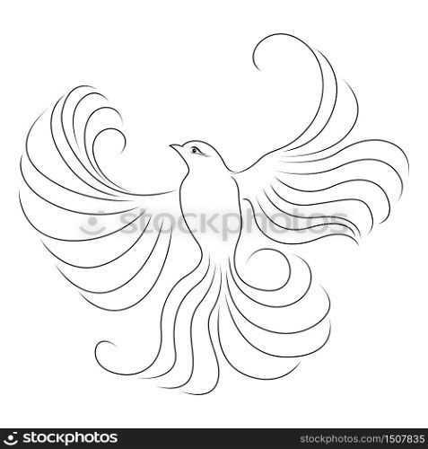 Black outline of flying adorable bird isolated on the white background