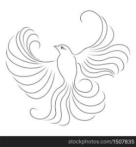 Black outline of flying adorable bird isolated on the white background