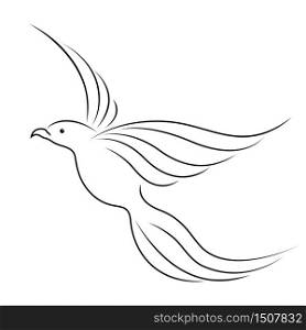 Black outline of magic flying bird isolated on the white background