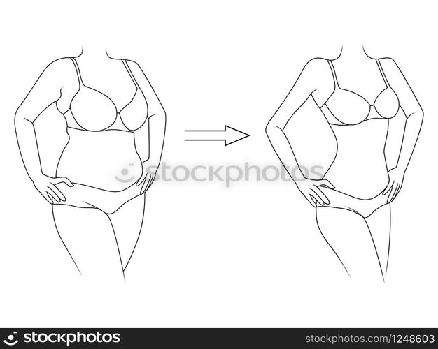 Black outline of woman on the way to lose weight in underwear, isolated on white background