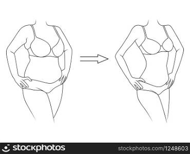 Black outline of woman on the way to lose weight in underwear, isolated on white background