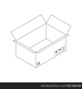 Black outline vector box on white background. Empty cardboard box opened isolated on white background.