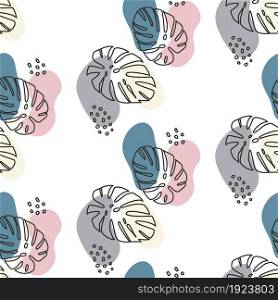 Black outlines of monstera leaves with pastel blue, pink and gray spots seamless pattern. Pattern with Doodle leaves spots for textile design, wallpaper, background. . Pattern with Doodle leaves spots