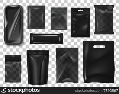 Black pack realistic mock up set. 3d isolated vector sachet or pouch foil paper, plastic zip bags, doy packs with clip. Food, cosmetics package mock up, storyfoam tray with plastic wrapping film, bar. Black pack realistic vector mock up set