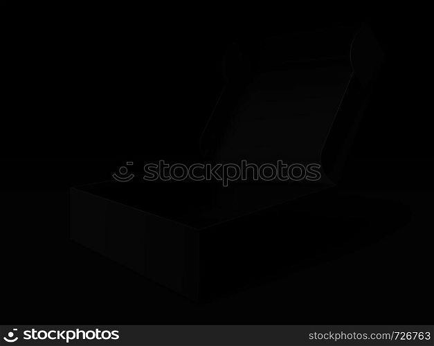 Black packaging box. Empty open dark package template, cube pack and box mockup. Gift cardboard package or cosmetic presents black wrapping 3d realistic vector illustration. Black packaging box. Empty open dark package template, cube pack and box mockup vector illustration
