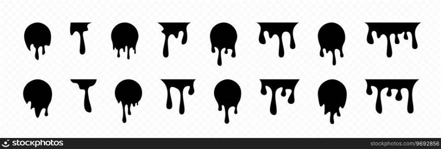 Black paint drips set. Ink drop icon set. Black melt drips. Liquid vector paint drops. Dripping paint. Liquid drips. Black ink runs. Vector graphic EPS 10