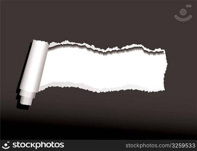 Black paper background with torn or ripped edges and roll