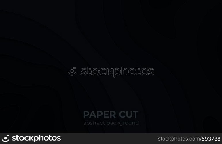 Black paper cut background. 3D abstract liquid cutout layers, topography modern graphic wallpaper. Vector modernity wavy texture poster template. Black paper cut background. 3D abstract liquid cutout layers, topography modern graphic wallpaper. Vector wavy poster template