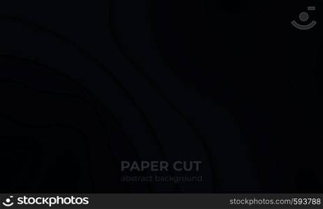 Black paper cut background. 3D abstract liquid cutout layers, topography modern graphic wallpaper. Vector modernity wavy texture poster template. Black paper cut background. 3D abstract liquid cutout layers, topography modern graphic wallpaper. Vector wavy poster template