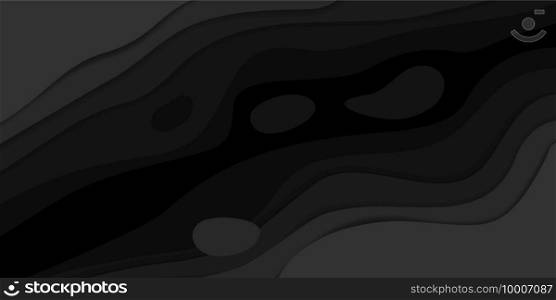 Black paper cut background. Modern 3D abstract wallpaper. Minimal origami curved shapes. Dark multilayer template with color gradient and copy space. Decorative carve design, vector banner mockup. Black paper cut background. Modern 3D abstract wallpaper. Origami curved shapes. Multilayer template with color gradient and copy space. Decorative carve design, vector banner mockup