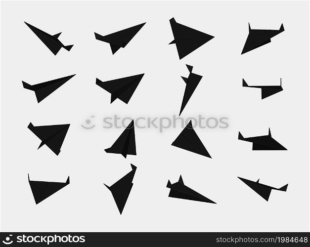 Black paper planes collection with different views and angles