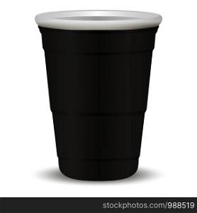 Black party cup realistic 3d vector illustration. Disposable plastic or paper container mockup for drinks and fun games isolated on white background.. Black party cup realistic 3d vector illustration.