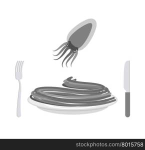 Black pasta with cuttlefish ink ingredient. Spaghetti on a plate. Vector illustration of delicatessen food