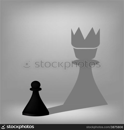 Black Pawn Isolated on Grey Background with Queen Shadow. Black Pawn