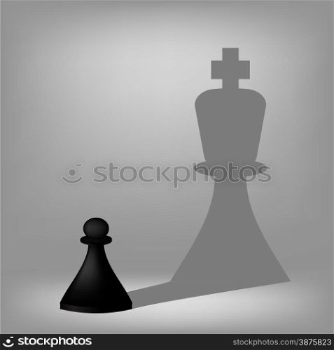 Black Pawn with King Shadow Isolated on Grey Background.. Black Pawn with King Shadow