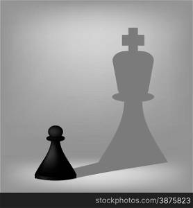 Black Pawn with King Shadow Isolated on Grey Background.. Black Pawn with King Shadow