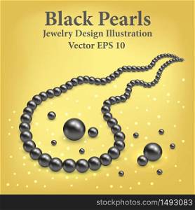 Black pearl necklace. Jewel luxury design vector illustration. Realistic 3d pearls on golden background with light shiny effect.