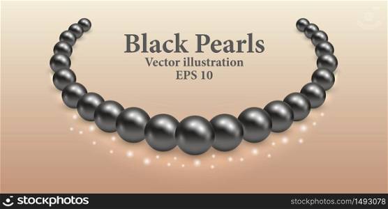Black pearl necklace with light shiny effect and glowing sparkles. Luxury beauty design vector illustration.