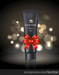 Black pearl night cream with bokeh on background. Presentation of cosmetics product. Gift for women. Lotion for ladies in tube. Decorative stripe knot of ribbon bow. Present for female vector. Black Pearl Night Cream with Ribbon Bow and Bokeh