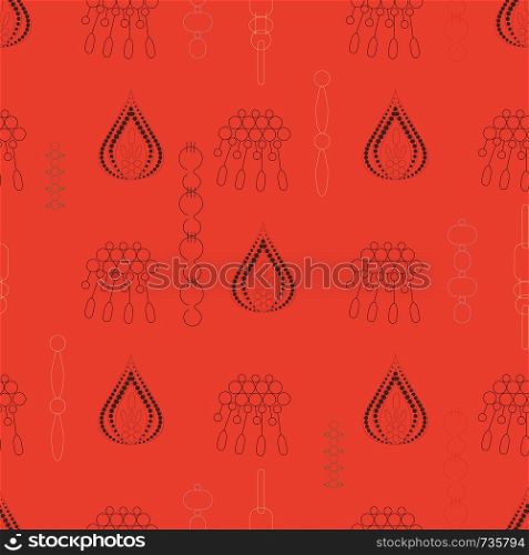 Black pendants seamless pattern on coral background. Jewellery illustration for greeting cards, invitations, jewellery store advertisements.. Black pendants seamless pattern on coral background.