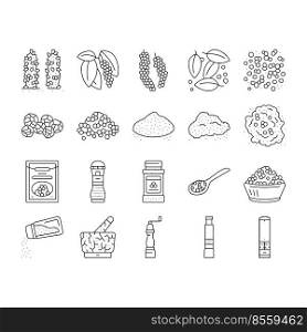 Black Pepper Aromatic Hot Spice Icons Set Vector. Ground Spicy Ingredient For Cooking And Seasoning Dish, Growing Plant And Drying Seeds. Mechanical And Electrical Mill Black Contour Illustrations. Black Pepper Aromatic Hot Spice Icons Set Vector
