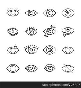 Black pictogram of eyesight or looking eye line icons. Eyeball, watch bright light and human eyes with ophthalmic lenses outline simple pictograms vector isolated icon collection on white background. Black pictogram of eyesight or looking eye line icons. Eyeball, watch and eyes with ophthalmic lenses outline vector icon collection