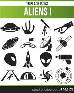 Black pictograms / icons about aliens. This icon set is perfect for creative people and designers who need aliens in their graphic design.. Black Icon Set Aliens I