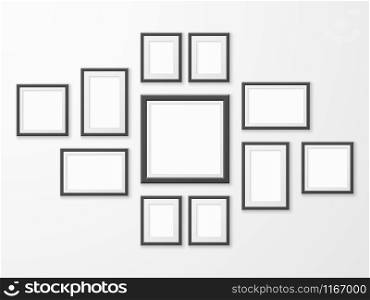 Black picture frames. Realistic empty image frame in different size and shape. Mockups for museum gallery, photo hanging wood borders with shadow vector set. Black picture frames. Realistic empty image frame in different size and shape. Mockups for museum gallery, photo borders with shadow vector set