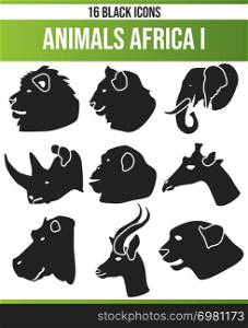 Black Piktoramme / icons about African animals. This icon set is perfect for creative people and designers who need the theme of African animals in their graphic designs.. Black Icon Set Animals Africa I