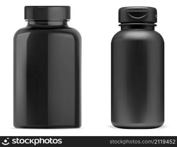 Black pill bottle. Black plastic supplement pill jar, vitamin capsule package blank mockup. Set of pharmaceutical drug tablet bottles, health care medicament, vertical cylinder can. Black pill bottle. Black plastic supplement pill jar
