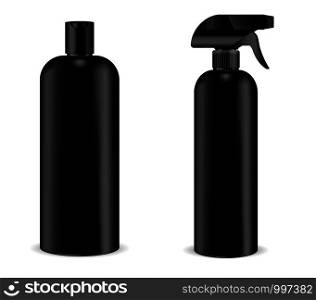 Black pistol sprayer bottle with black dispenser cap and black shampoo bottle joined in set. Isolated containers design with pump dispenser for liquid, water, oil, tonic and other cosmetic products. Vector mockup illustration.. Pistol sprayer bottle with dispenser cap. Shampoo