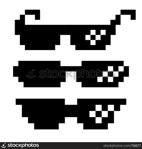 Black Pixel Glasses Vector. Thug Lifestyle. For Meme Photos And Pictures. Deal With It. Isolated Illustration. Pixel Glasses Vector. Black Game Glasses In 8-bit Style. Element For Meme Photos And Pictures. Isolated Illustration
