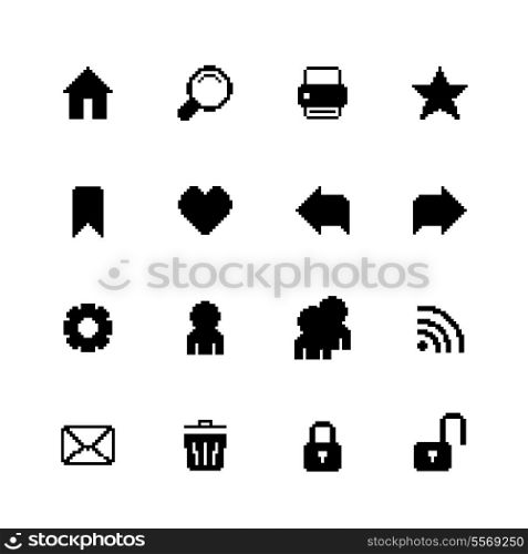 Black pixel icons set for navigation of back forward security preferences isolated vector illustration