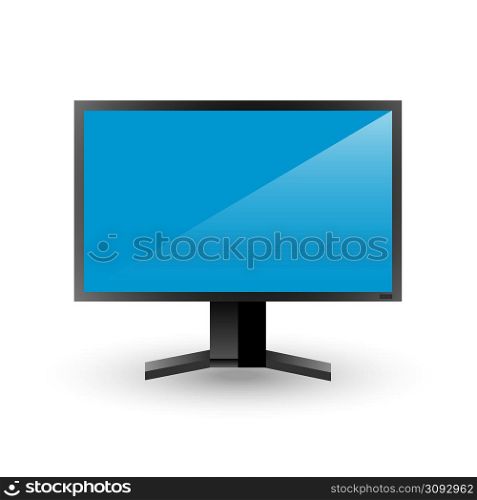 Black plasma TV with light blue screen and reflection. Plasma TV or monitor