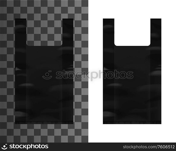 Black plastic bag with handles, vector realistic mockup template. Recyclable and biodegradable disposable black plastic package, tear-off roll bag for shop. Garbage packet bag. Black plastic bag with handles, vector mockup