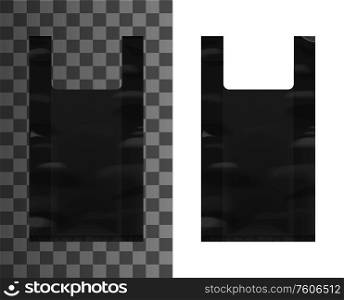 Black plastic bag with handles, vector realistic mockup template. Recyclable and biodegradable disposable black plastic package, tear-off roll bag for shop. Garbage packet bag. Black plastic bag with handles, vector mockup
