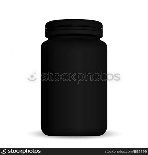 Black plastic bottle with snap hinge push on cap for medicine, tablets, pills. 3d Vector illustration. Realistic packaging mockup template.. Black plastic bottle with snap hinge push on cap