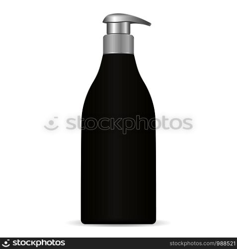 Black Plastic cosmetic bottle with silwer cap isolated on white background. Package with pump dispenser for cream, liquid soup, foam, shampoo. Vector illustration.. Black Plastic cosmetic bottle with silwer cap