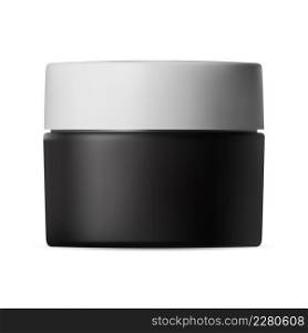 Black plastic cream jar white lid. Beauty cosmetic mockup. Face skin blush powder can, makeup cosmetic template. Wax or hand scrub pack, lotion or butter package on white background. Black plastic cream jar white lid. Beauty cosmetic